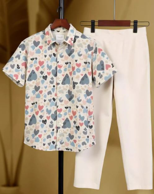 Heart Printed Men Cord Trouser and Half Sleeves Shirt