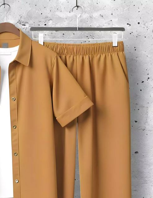 Brown Men Cord Set Trouser and Half Sleeves Shirt