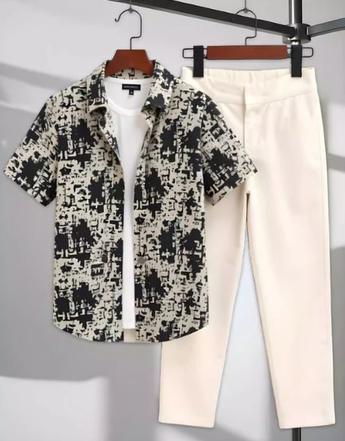 Black Printed Men Cord Trouser and Half Sleeves Shirt