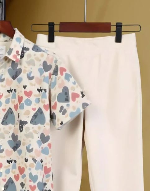Heart Printed Men Cord Trouser and Half Sleeves Shirt