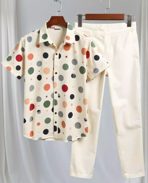 Polka Dots Men Cord Trouser and Half Sleeves Shirt
