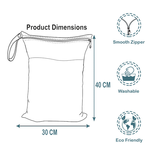 Diagram of a product with dimensions, features like smooth zipper, washability, and eco-friendliness. Bag size - www.quittance.in