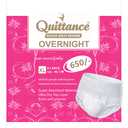 Quittance pull-up adult diaper packaging on a pink background with product details.