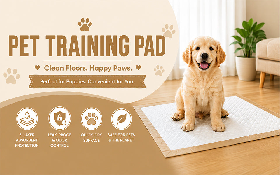 Dog sitting on a pet training pad with product features listed below. Pet training pads with high absorbency and leak-proof protection for puppies and dogs. www.quittance.in