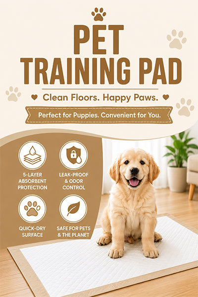 Pet training pad with a puppy on it, featuring text about its benefits. Puppy on a pet training pad with text 'Pet Training Pad' and heart symbols. www.quittance.in