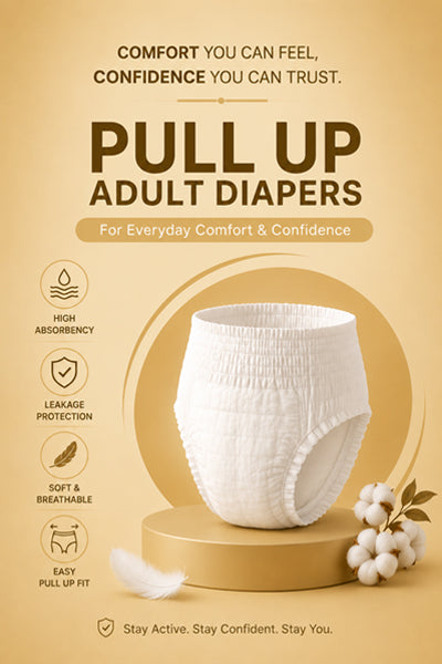 Advertisement for pull-up adult diapers with a diaper on a stand against a beige background. Quittance pull up adult diaper banner. 
www.quittance.in