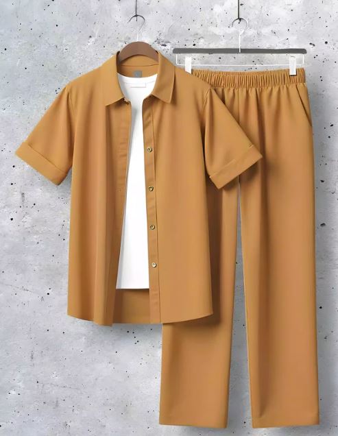 Brown Men Cord Set Trouser and Half Sleeves Shirt