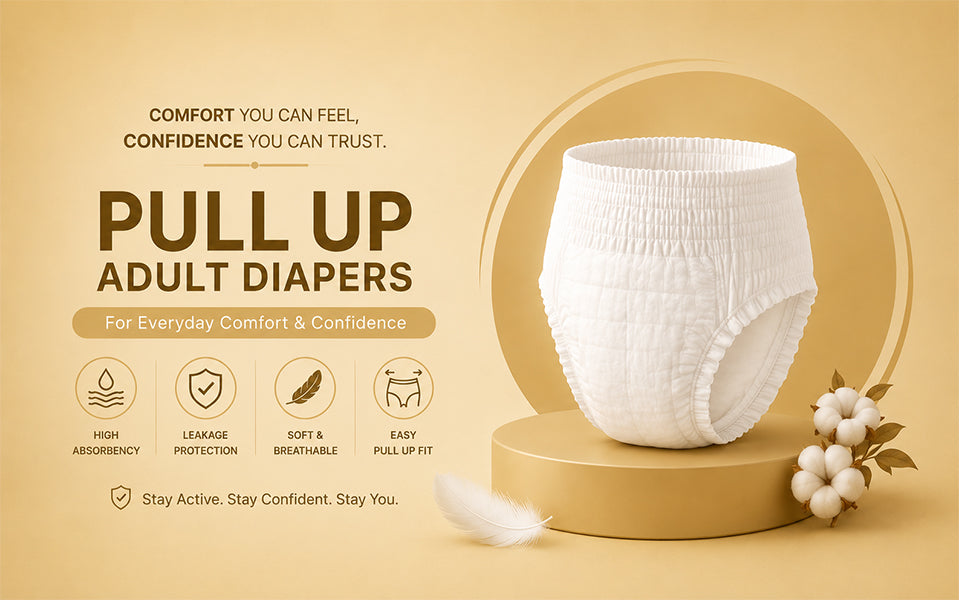 White pull-up adult diaper on a beige background with text and icons. pull up adult diapers available in all sizes from quittance.
www.quittance.in