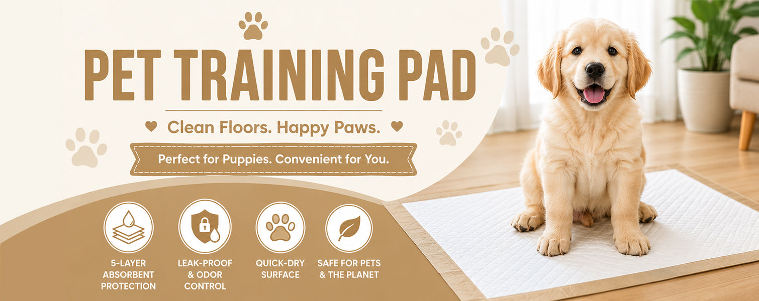 Pet training pad with a puppy on a wooden floor, featuring text about its benefits. Pet training pads with high absorbency and leak-proof protection for puppies and dogs. www.quittance.in