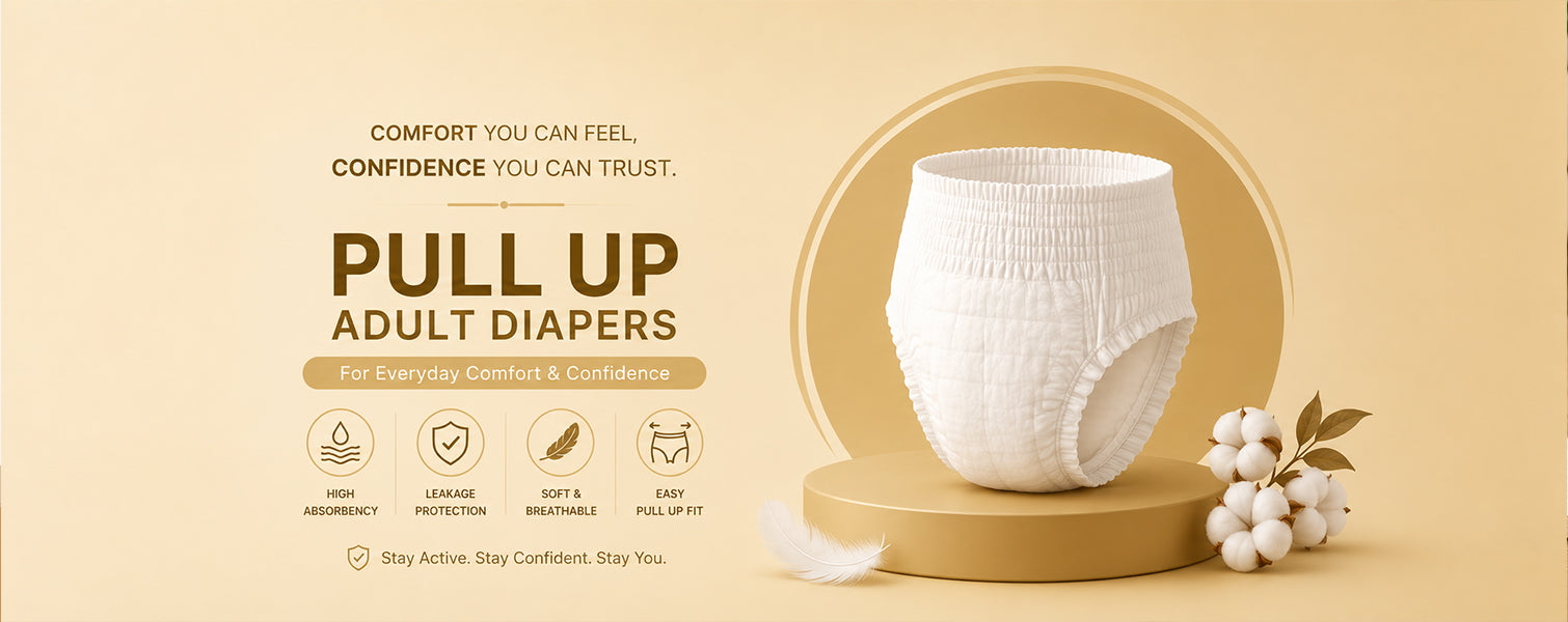 White pull-up adult diaper on a beige background with text and branding elements. Pull-up pant style diaper for adults from the house of quittance. 
www.quittance.in