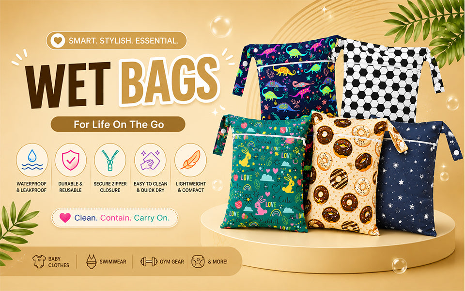 Collection of colorful wet bags with various patterns on a beige background. www.quittance.in