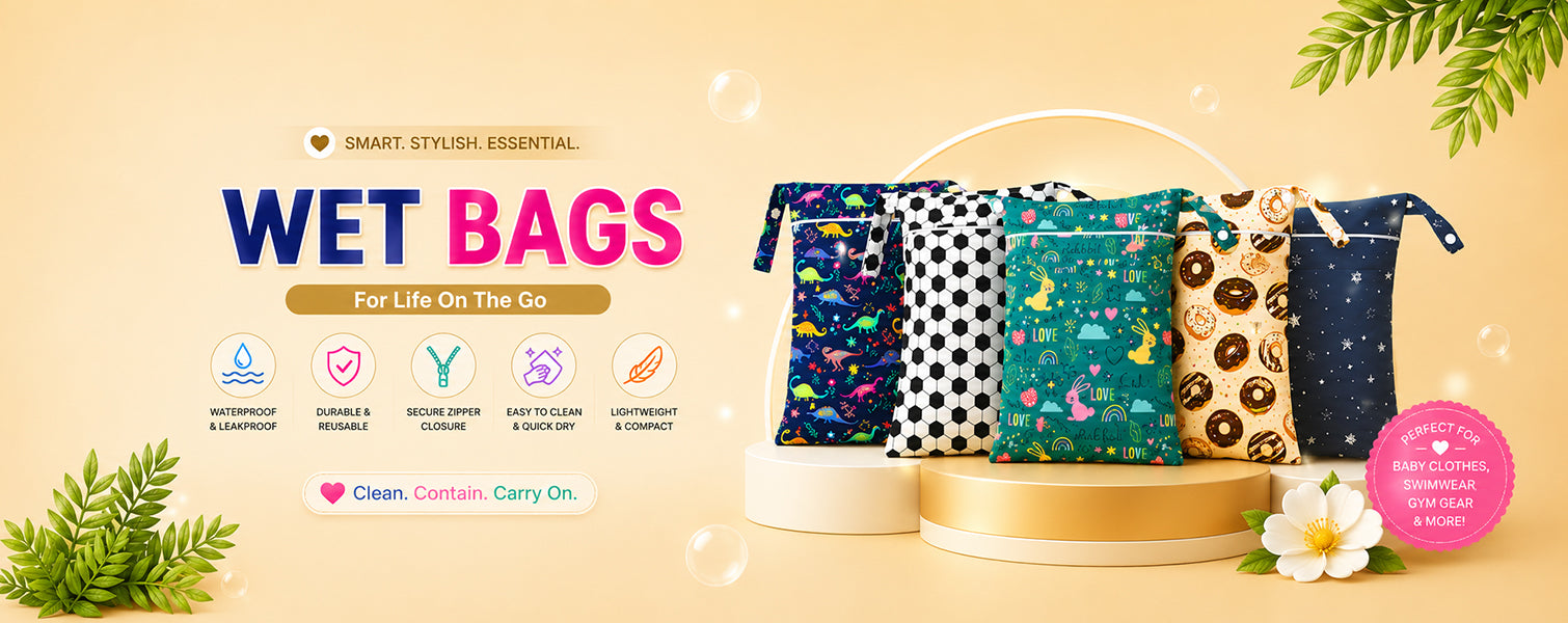 Wet bags displayed on a beige background with text and icons. www.quittance.in