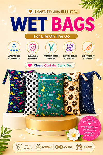 Promotional image of wet bags with features listed on a beige background. www.quittance.in