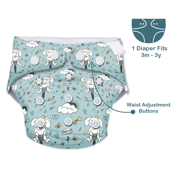Quittance Cyclist Elephant Printed Reusable Baby Diaper